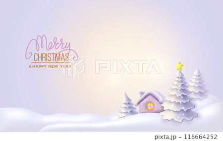 Banner winter landscape background. Christmas trees and house in snow frame. Banner winter landscape background. Christmas trees and house in snow frame. 118664252