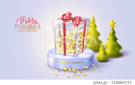 Christmas holiday background with realistic 3d glass gift box full of tinsel, Christmas trees Christmas holiday background with realistic 3d glass gift box full of tinsel, Christmas trees 118664253
