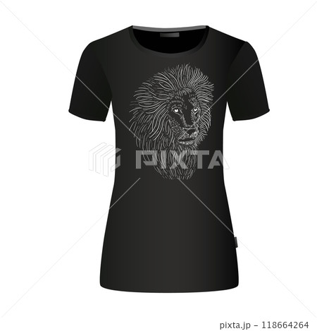 Lion white on black background. Graphic design on a t-shirt. hand drawing. Not AI, Vector illustration. 118664264