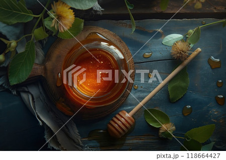 Honey in a glass jar and honey dipper on a wooden background Honey in a glass jar and honey dipper on a wooden background 118664427