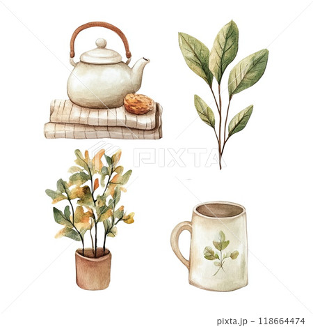 A charming display includes a cozy house surrounded by vivid autumn leaves, pumpkins, and mushrooms in shades of orange, brown, and green, reflecting the beauty of fall. 118664474