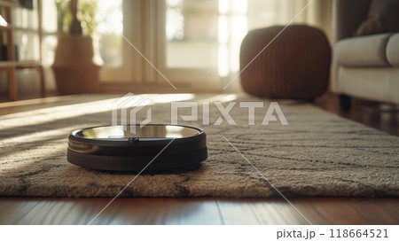 Robot vacuum cleaner on the floor in the living room. Housekeeping concept 118664521