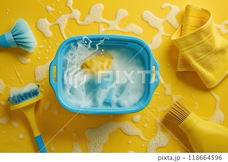 Top view of plastic container with detergent and cleaning tools on yellow background 118664596