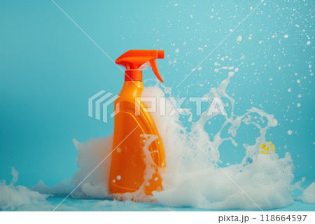 Orange bottle of cleaning product on blue background with splashes of water 118664597