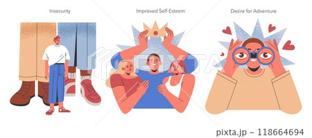 Infidelity set. Exploring psychological triggers of cheating with insecurity, improved self-esteem, and adventure desire illustrations. Vector illustration. Infidelity set. Exploring psychological triggers of cheating with insecurity, improved self-esteem, and adventure desire illustrations. Vector illustration. 118664694
