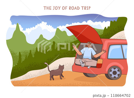 Couple road trip. Young man and woman going on vacation by a car. Characters driving a car on a summer holidays, traveling the world together. Flat vector illustration 118664702