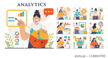 Business analytics set. Data examination and strategy development. Financial operation optimization, market research and statistics processing. Flat vector illustration Business analytics set. Data examination and strategy development. Financial operation optimization, market research and statistics processing. Flat vector illustration 118664706
