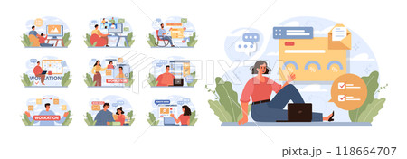 Workcation. Chatacter working away from the office. Digital nomad or freelancer working remotely and globaly. Flexible schedule, outsource technology and work tourism. Flat vector illustration 118664707