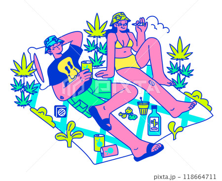 Psychedelic trip party. Rave camp. Characters drinking alcohol, taking drugs, mushrooms and smoking weed at festival campsite. Flat vector illustration 118664711