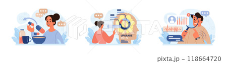 Biohacking set. Health' engineering and improving with modern monitoring system, supplements, diet, and lifestyle changes. Human biological well-being and youth maintaining. Flat vector illustration 118664720