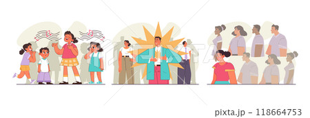 Uniqueness and individuality set. Character standing out from the crowd, choosing another way. Original idea or path, different appearance. Flat vector illustration Uniqueness and individuality set. Character standing out from the crowd, choosing another way. Original idea or path, different appearance. Flat vector illustration 118664753