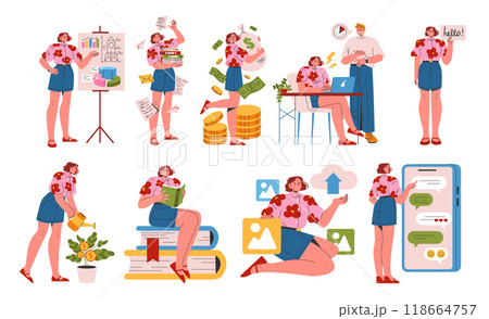 Young Businesswoman Set. Professional woman multitasking, presenting, earning, and networking. Modern career life balance. Vector illustration. Young Businesswoman Set. Professional woman multitasking, presenting, earning, and networking. Modern career life balance. Vector illustration. 118664757