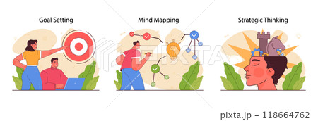 Planning and organization of tasks on board set. Character planning or checking task, appointment or assignment in a planner. 118664762