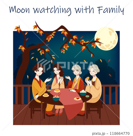 Traditional chinese fest set. Mid-Autumn festival, moon festival or mooncake festival. Happy asian family celebrate national autumn holiday. Flat vector illustration 118664770