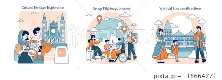 Pilgrimage Illustration Set. Exploring religious sites, group pilgrimage journey, and spiritual tourism attractions for diverse travelers. Vector illustration. 118664771