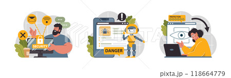Cyber or web security set. Artificial intelligence provide data protection and database safety of a digital device. Protection of the internet access, cyber attack prevention. Flat vector illustration Cyber or web security set. Artificial intelligence provide data protection and database safety of a digital device. Protection of the internet access, cyber attack prevention. Flat vector illustration 118664779