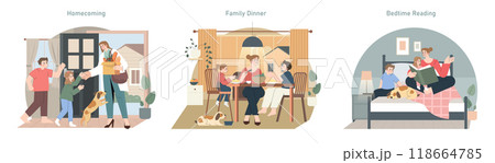 Family routine set. Tender moments from homecoming to bedtime stories. Welcoming arrival, sharing a meal, and enjoying a tale. Vector illustration. Family routine set. Tender moments from homecoming to bedtime stories. Welcoming arrival, sharing a meal, and enjoying a tale. Vector illustration. 118664785