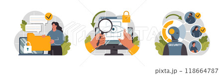 Cyber or web security set. Artificial intelligence provide data protection and database safety of a digital device. Protection of the internet access, cyber attack prevention. Flat vector illustration Cyber or web security set. Artificial intelligence provide data protection and database safety of a digital device. Protection of the internet access, cyber attack prevention. Flat vector illustration 118664787