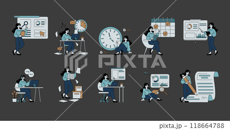 Businesswoman set. Corporate tasks, time management, and strategy planning. Office work, deadline stress, and goal setting. Vector illustration. Businesswoman set. Corporate tasks, time management, and strategy planning. Office work, deadline stress, and goal setting. Vector illustration. 118664788