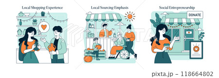 Small Business Saturday set. Community supporting local shops, highlighting farm-to-table produce, and promoting social causes. Vector illustration. Small Business Saturday set. Community supporting local shops, highlighting farm-to-table produce, and promoting social causes. Vector illustration. 118664802