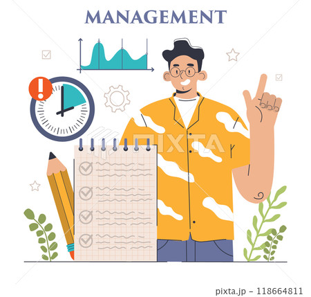 Management. Successful strategy development and business planning. Motivation and leadership. Project manager, company ceo idea. Flat vector illustration 118664811