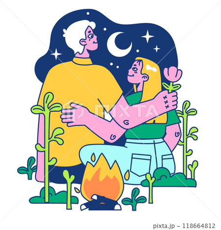 Retreat. Modern practice for body and mind wellness. Characters camping outside. Digital detox and relaxation, mindfulness practices for balanced life and mental health. Flat vector illustration Retreat. Modern practice for body and mind wellness. Characters camping outside. Digital detox and relaxation, mindfulness practices for balanced life and mental health. Flat vector illustration 118664812