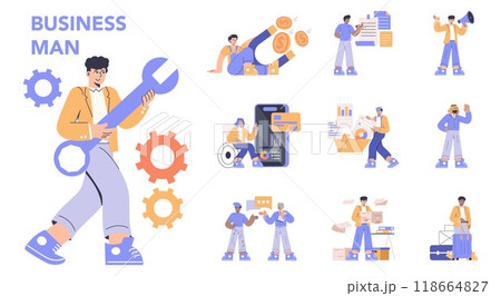 Business Man set. Diverse professional activities and efficiency in the corporate environment. Solutions, analysis, communication. Vector illustration. 118664827