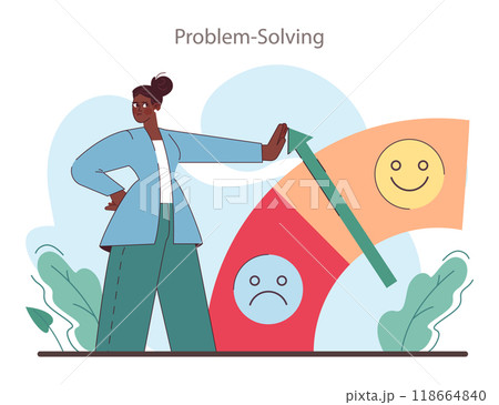 Soft skill. Employee with problem solving skill. Generation of a creative idea or way to solve a problem. Self-development for career growth. Flat vector illustration 118664840