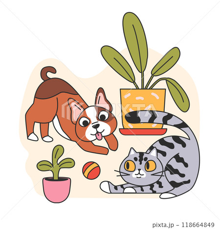 Cat and dog best friends. Cute puppy and kitten playing with each other. Funny pair of pets play together with a ball. Flat vector illustration 118664849