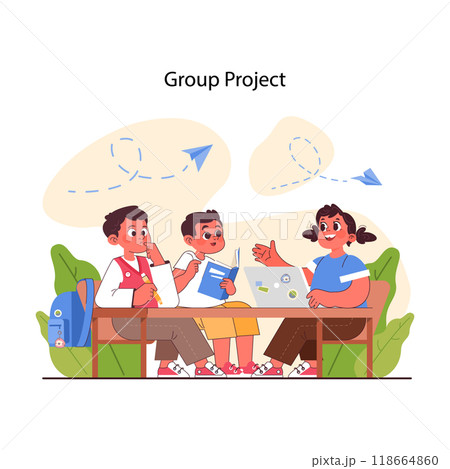Pedagogy. Group project collaboration. Method of children upbringing and education. Primary school kids gaining knowledge and skills together, modern approach to teaching. Flat vector illustration 118664860