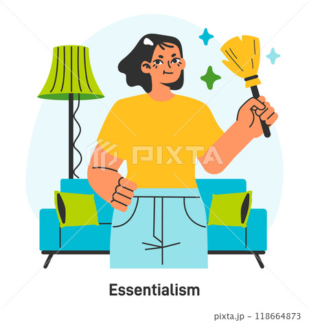 Minimalist lifestyle. Essentialism. Simple and restrained living practice. Modern trendy idea of decluttering a living space. Sustainable and mindful consumption. Flat vector illustration Minimalist lifestyle. Essentialism. Simple and restrained living practice. Modern trendy idea of decluttering a living space. Sustainable and mindful consumption. Flat vector illustration 118664873