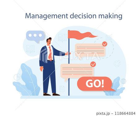 Predictive analytics. Process of using and processing data to forecast future outcome. Business ideas or decisions development. Management decision making. Flat vector illustration Predictive analytics. Process of using and processing data to forecast future outcome. Business ideas or decisions development. Management decision making. Flat vector illustration 118664884