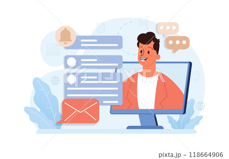 Hybrid work. Characters with a flexible schedule, working from office and home. Telework and outsource, employee work globaly. Digital nomad or freelancer idea. Flat vector illustration Hybrid work. Characters with a flexible schedule, working from office and home. Telework and outsource, employee work globaly. Digital nomad or freelancer idea. Flat vector illustration 118664906