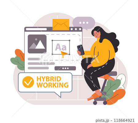 Hybrid work. Characters with a flexible schedule, working from office and home. Telework and outsource, employee work globaly. Digital nomad or freelancer idea. Flat vector illustration Hybrid work. Characters with a flexible schedule, working from office and home. Telework and outsource, employee work globaly. Digital nomad or freelancer idea. Flat vector illustration 118664921