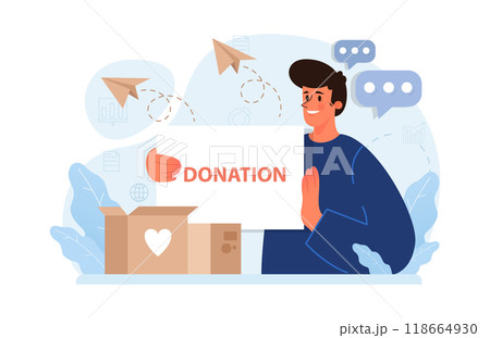 Charity. Volunteers community take care of people in need. Idea of care and humanity. Humanitarian aid and donations for poor people support. Flat vector illustration Charity. Volunteers community take care of people in need. Idea of care and humanity. Humanitarian aid and donations for poor people support. Flat vector illustration 118664930