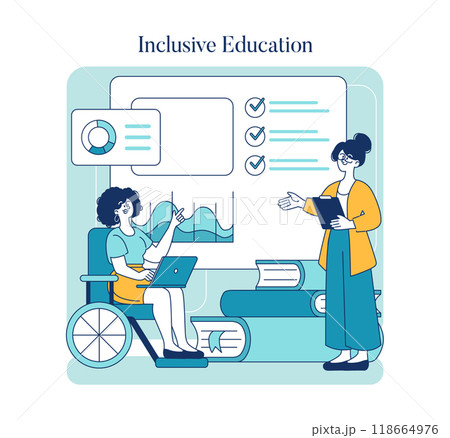 Inclusive Education concept. Students with disabilities actively participating in a modern learning environment. Accessibility and equality in academic settings. Vector illustration. Inclusive Education concept. Students with disabilities actively participating in a modern learning environment. Accessibility and equality in academic settings. Vector illustration. 118664976