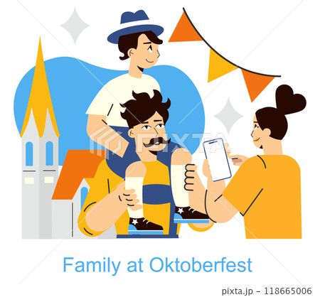 Oktoberfest concept. A family enjoys the festive atmosphere with traditional beer and attire. Celebratory mood in Munich with iconic architecture. Vector illustration. 118665006