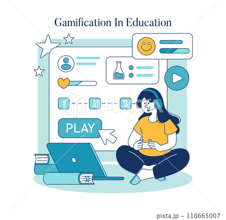 Educational Trends concept. Gamification in learning shown through a playful digital interface and an engaged student. Interactive online education tools. Vector illustration. Educational Trends concept. Gamification in learning shown through a playful digital interface and an engaged student. Interactive online education tools. Vector illustration. 118665007