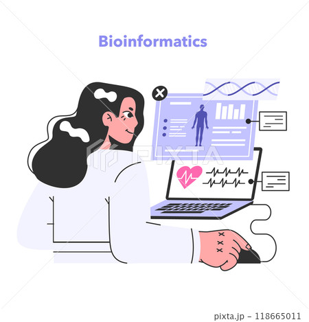 Bioinformatics. IT medical service, computation and analysis of bio data. Methods and software tools for understanding biological data. Vector flat illustration. 118665011