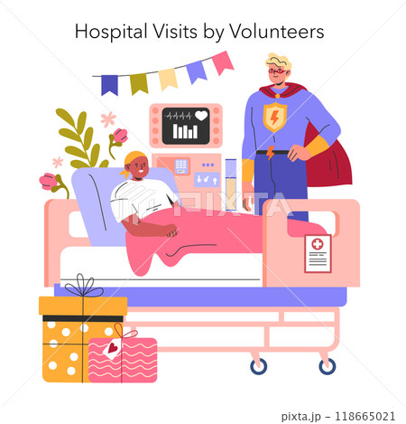 Hospital Visits by Volunteers concept. A comforting visit from a caped hero to a patient in a hospital room, with gifts and decorations. Vector illustration. 118665021