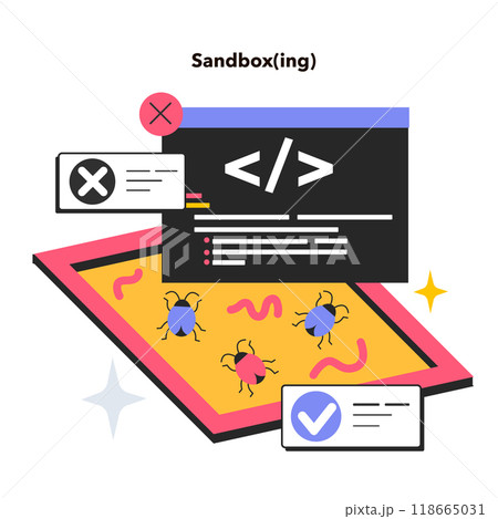 Sandboxing. Security mechanism for isolation and separation of running programs. System failures and software vulnerabilities detection. Flat vector illustration Sandboxing. Security mechanism for isolation and separation of running programs. System failures and software vulnerabilities detection. Flat vector illustration 118665031