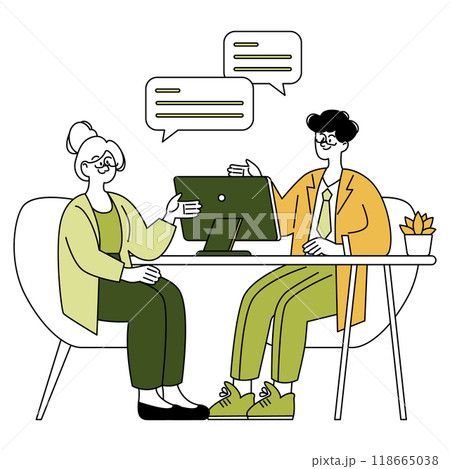 Senior businesswoman in a meeting. Professional interaction with a colleague at a modern office. Mentorship and collaboration concept. Vector illustration. 118665038
