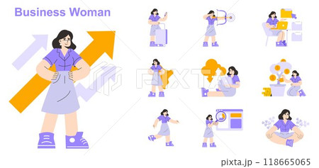 Businesswoman set. Dynamic professional woman in various activities, from leadership to multitasking. Empowerment in the workplace. Vector illustration. Businesswoman set. Dynamic professional woman in various activities, from leadership to multitasking. Empowerment in the workplace. Vector illustration. 118665065