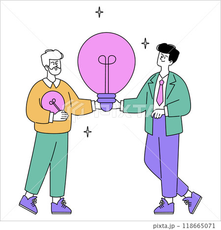 Idea exchange concept. Two businessmen sharing a large lightbulb, representing collaboration and innovation. Partnership and creativity in business. Vector illustration. 118665071