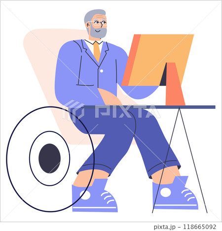 Mature businessman working at desk with modern computer. Representation of professional diversity and experience in the workplace. Vector illustration. 118665092