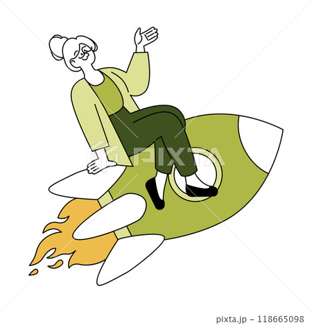 Energetic senior businesswoman riding a rocket, symbolizing business growth and career success. Inspiring entrepreneurship. Vector illustration. 118665098
