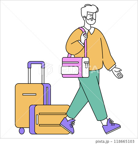 Traveling businessman concept. A corporate professional walks with luggage, ready for a business trip. Mobile executive on the go. Vector illustration. Traveling businessman concept. A corporate professional walks with luggage, ready for a business trip. Mobile executive on the go. Vector illustration. 118665103