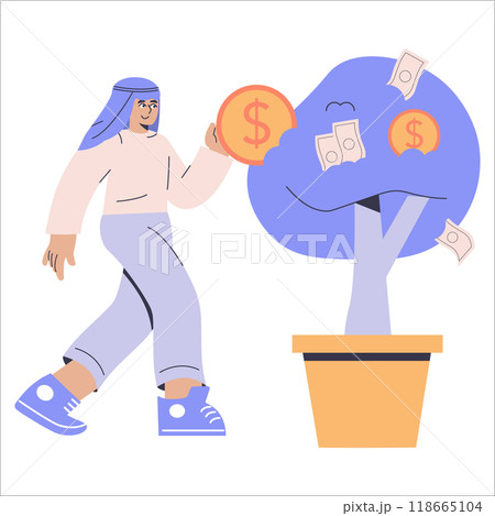 Investment growth concept. Businessman nurturing a money tree, a metaphor for financial success and strategic wealth accumulation. Vector illustration. Investment growth concept. Businessman nurturing a money tree, a metaphor for financial success and strategic wealth accumulation. Vector illustration. 118665104