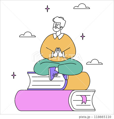 Businessman meditation concept. Professional finding peace atop books, achieving mindfulness amidst busy life. Calm and focused in a serene setting. Vector illustration. Businessman meditation concept. Professional finding peace atop books, achieving mindfulness amidst busy life. Calm and focused in a serene setting. Vector illustration. 118665110