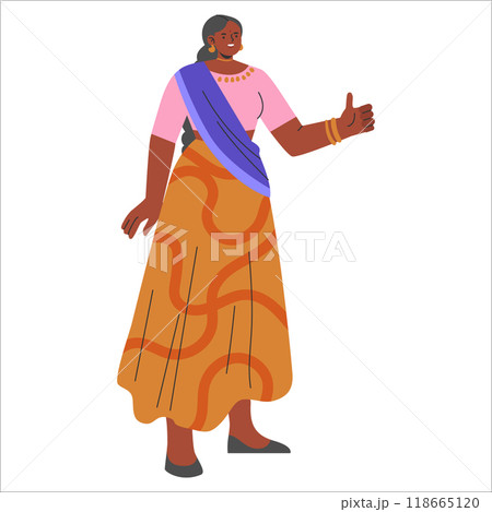 Confident businesswoman in traditional attire giving a thumbs-up. Empowerment and cultural diversity in the workplace. Vector illustration. Confident businesswoman in traditional attire giving a thumbs-up. Empowerment and cultural diversity in the workplace. Vector illustration. 118665120